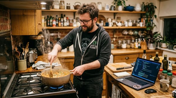 Man standing at a kitchen stove with a laptop behind him